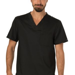WW690 REVOLUTION Men's  V-Neck Top, 1 chest pocket-BLACK/XL CLEARANCE STOCK ONLY