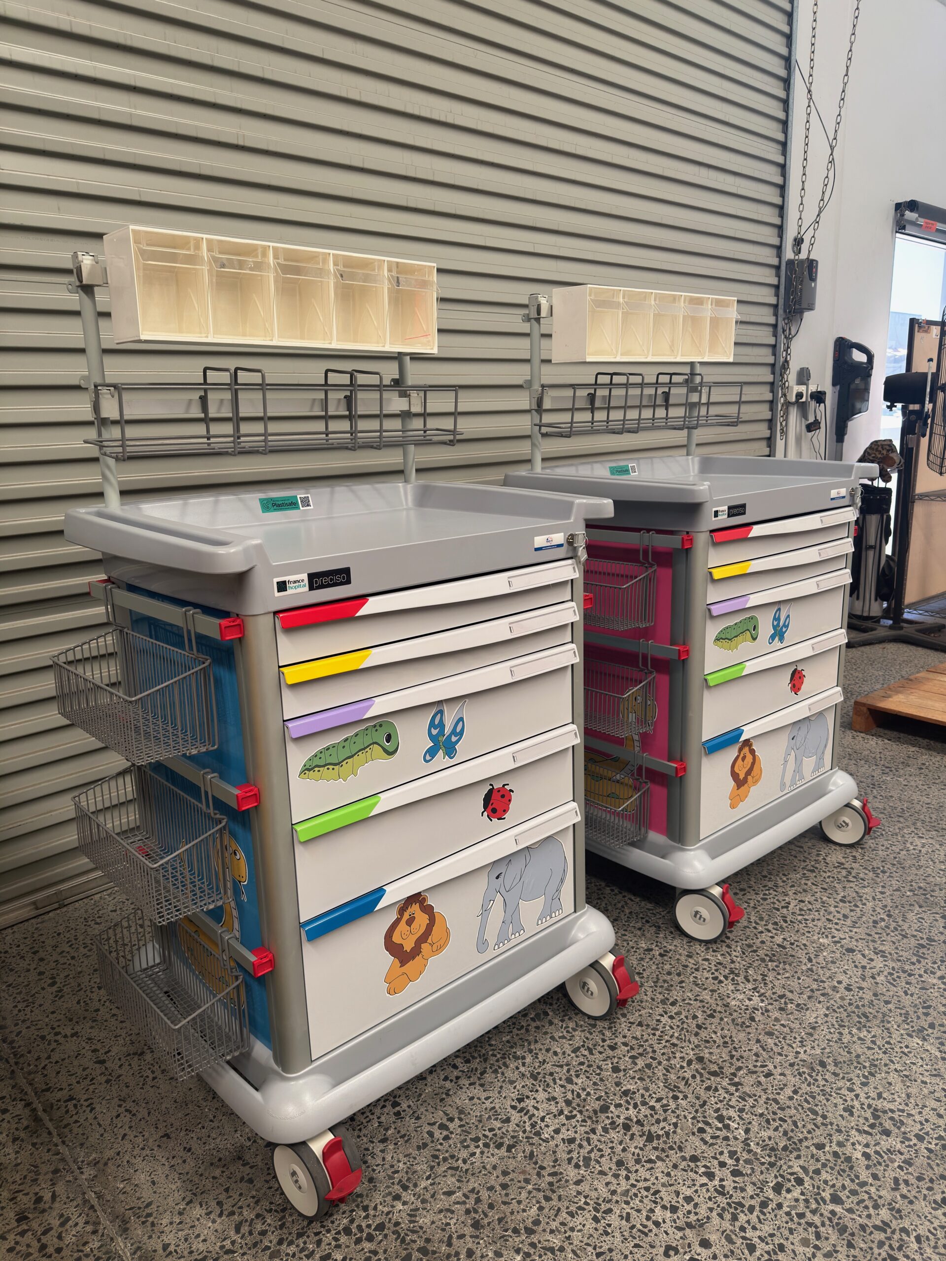 Francehopital PRE9 Preciso Trolley, Configured as Paed Resus Trolley, Buderim. Blue or Pink Sidewalls.