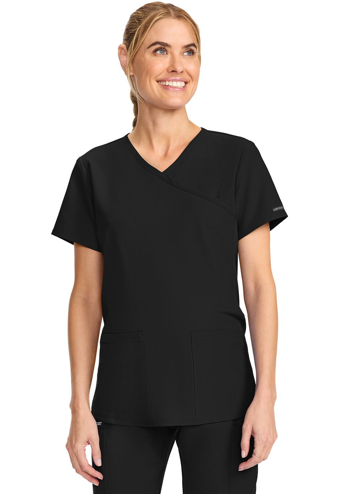 CK701A BLK Cherokee Maternity Mock Wrap V-Neck Top/Black/XS